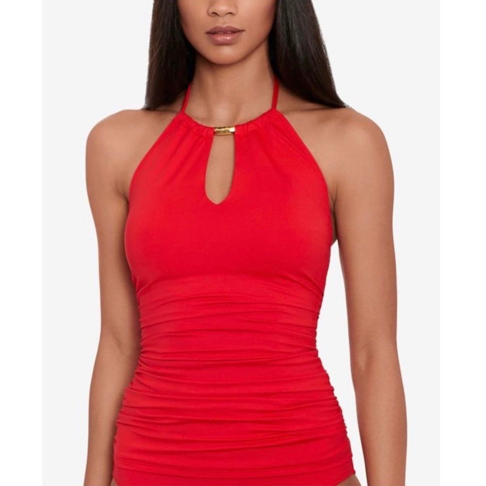 Lauren Ralph Lauren Red Halter Tankini Top Ruched Gold Hardware Keyhole NEW
